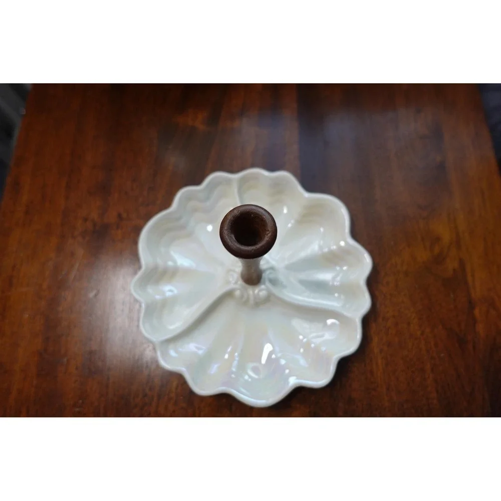 Vintage Maddux Ceramic Tidbit Tray: Iridescent Clam Shell‎ with Wood Centerpiece